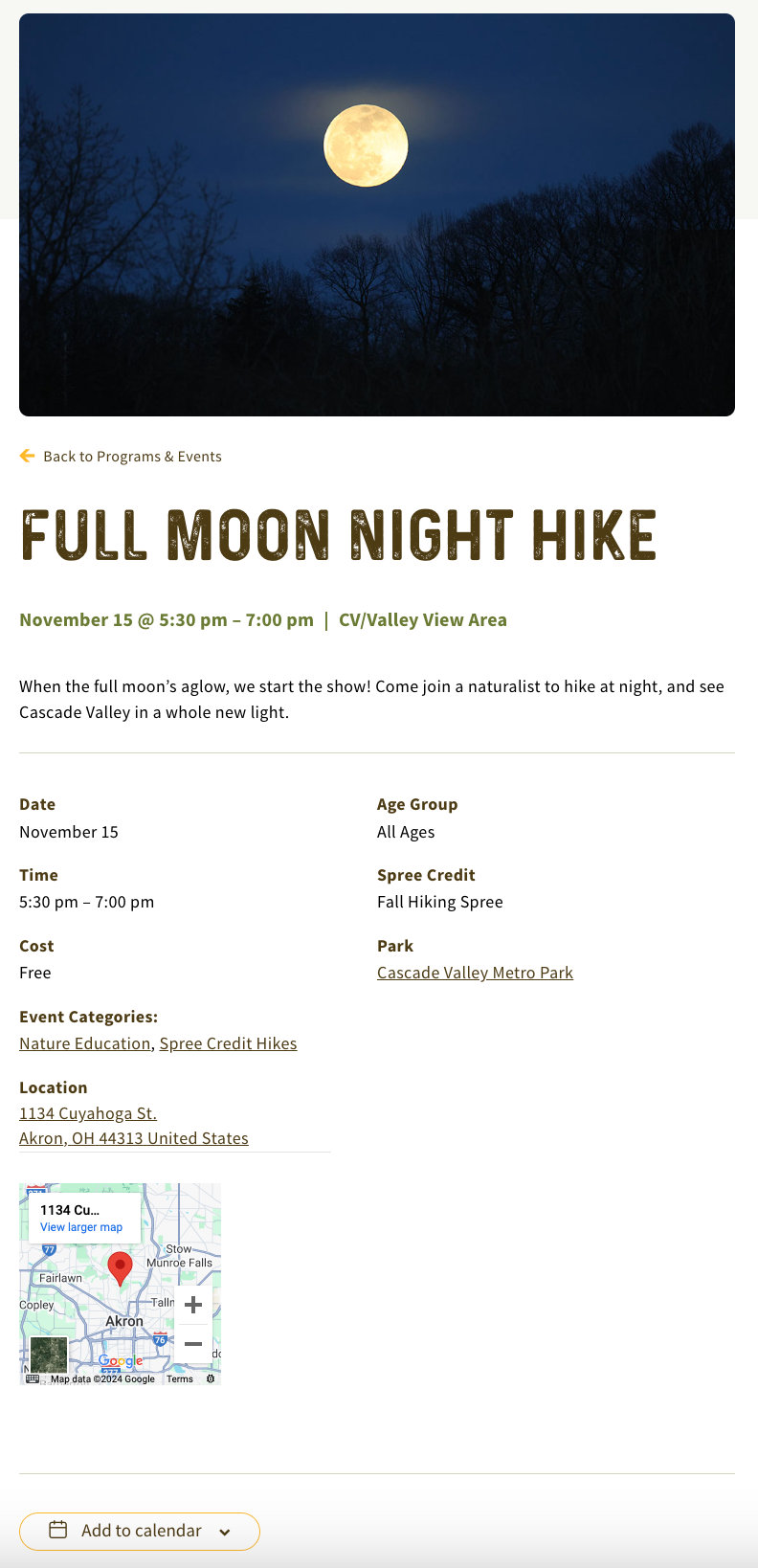 A single events page on Summit Metro Parks. This event is the "Full Moon Night Hike."